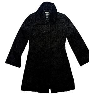 White House Black Market Sz Sm Textured Velvet Faux Persian Fur Long Black Coat